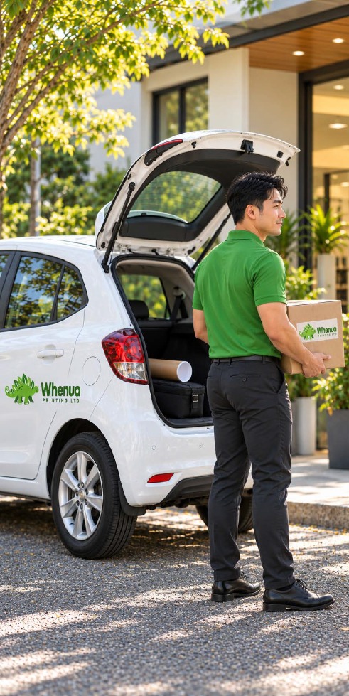 Whenua Printing team member carrying a box beside the branded delivery car