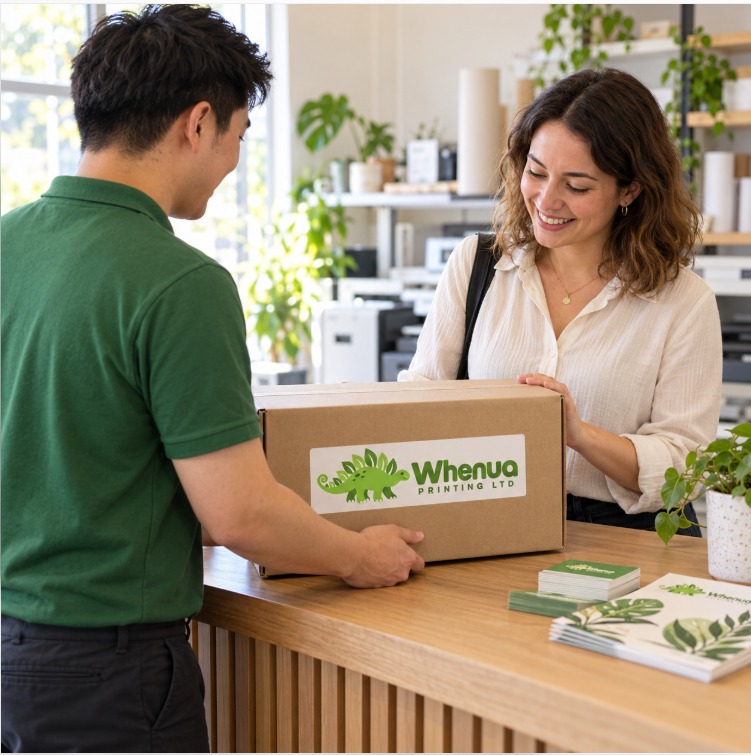 Whenua Printing team member delivering a branded box to a customer in store