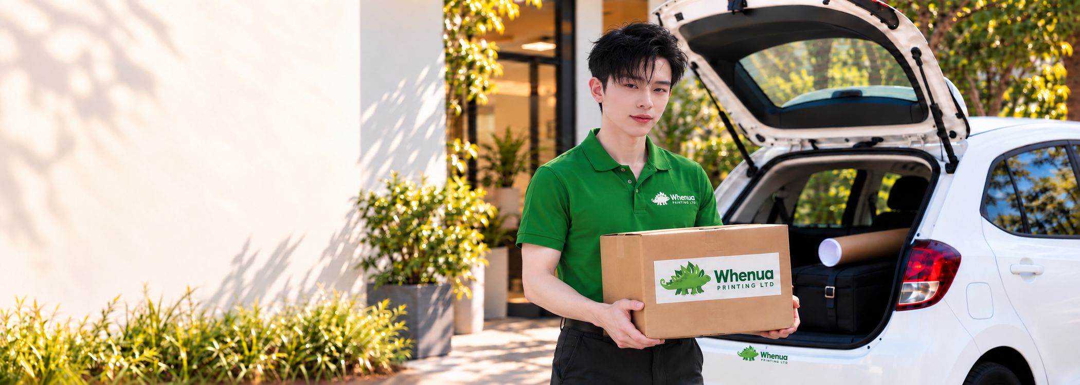 Whenua Printing team member holding a printed box beside a delivery car